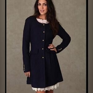 We the Free boiled wool blue collarless coat M metal buttons longline military